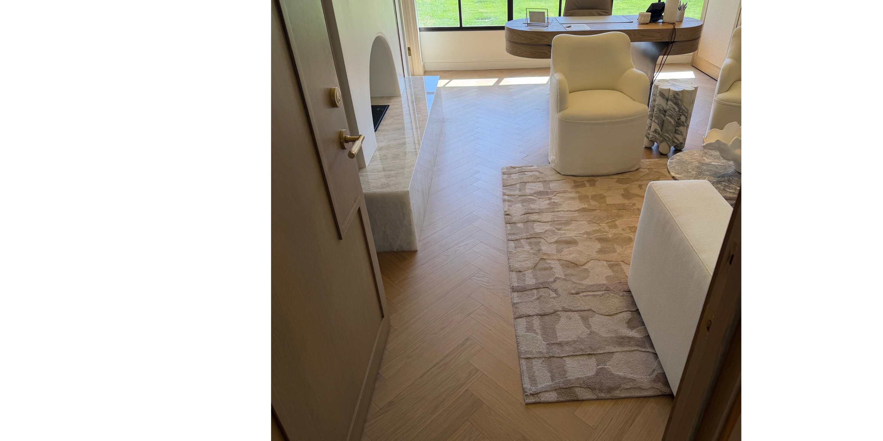 Herringbone wood-look floors in a living room