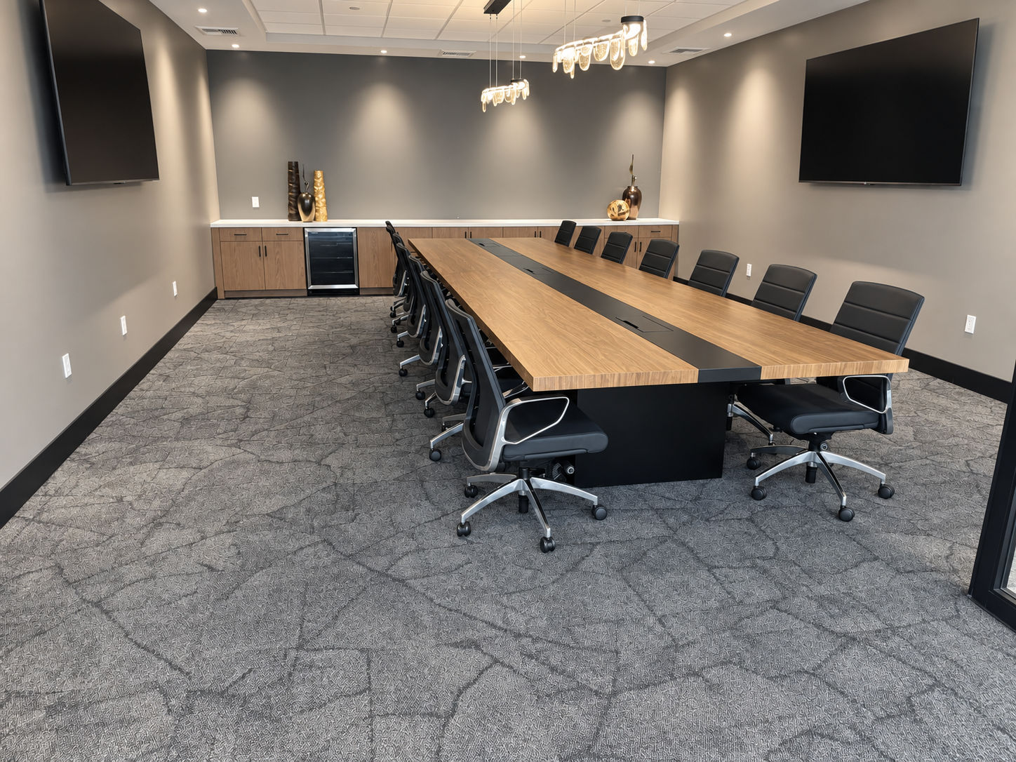 Conference room with patterned carpet tile