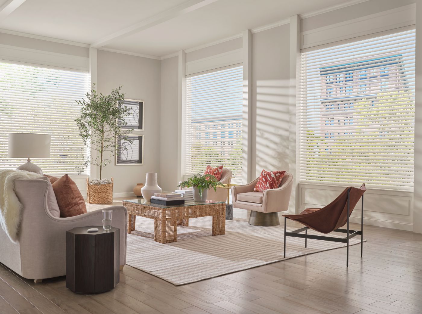 Hunter Douglas Aria Soft Blinds with PowerView in a living room