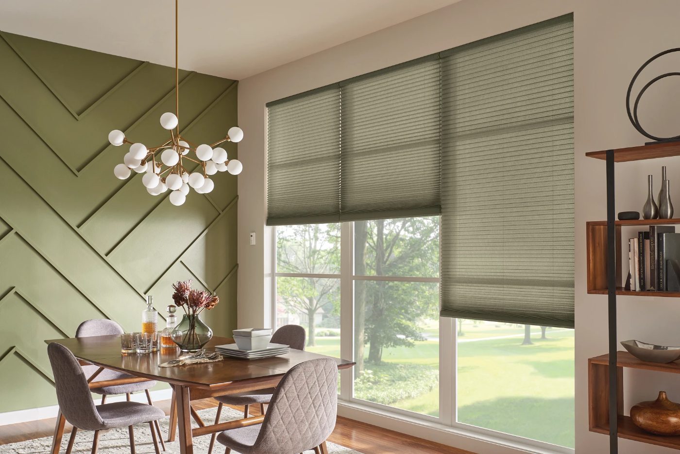 Graber cellular shades with motorized lift in a dining room