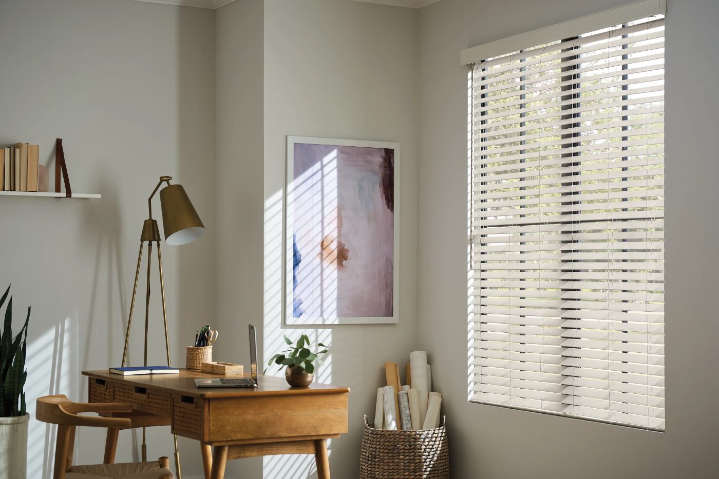 Graber premium faux wood blinds in a home office