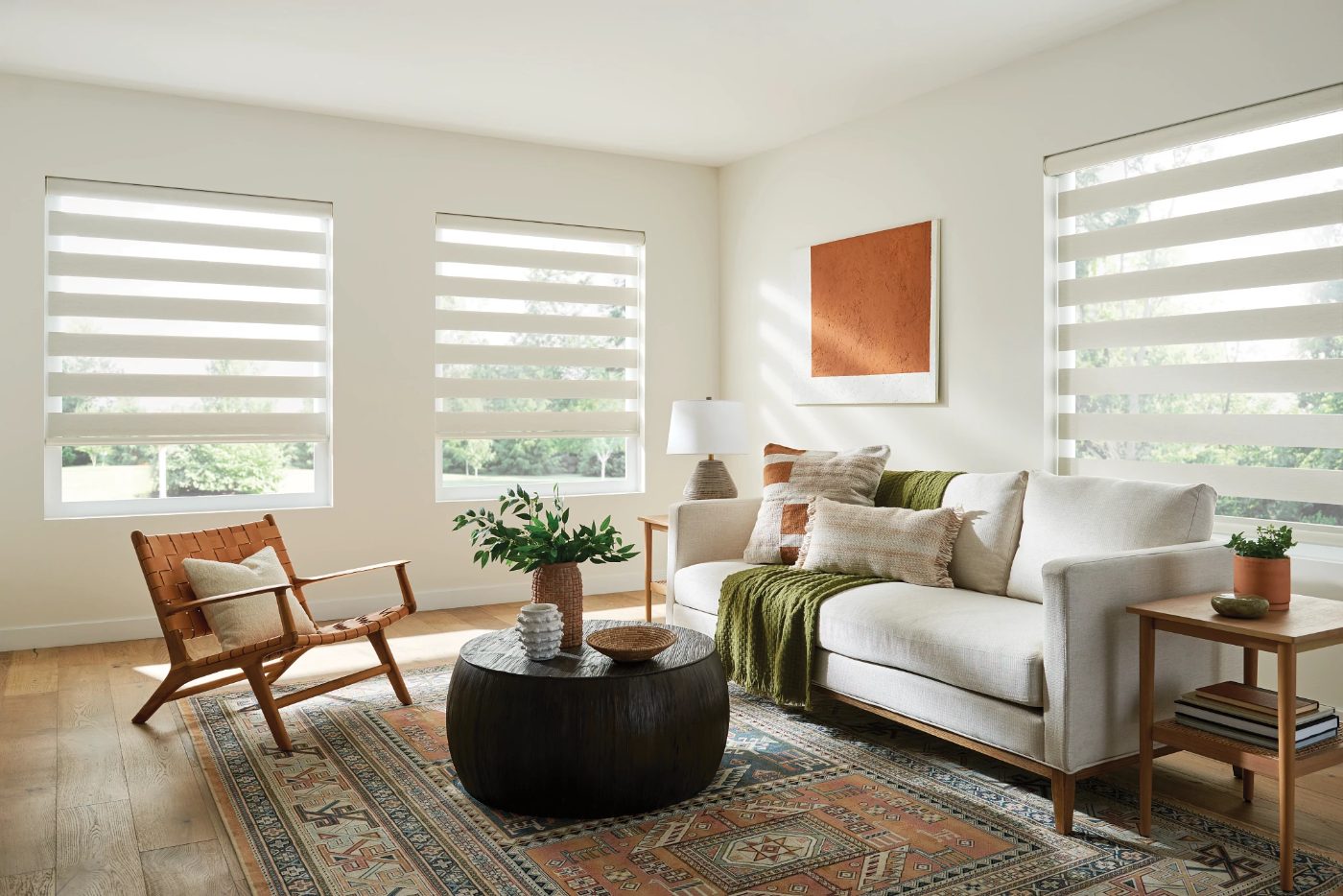 Graber layered shades with cordless lift in a living room