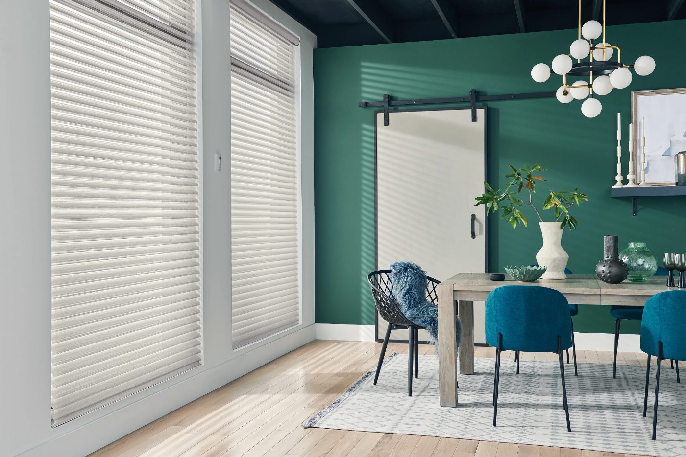 Graber sheer shades with motorized lift in a dining room