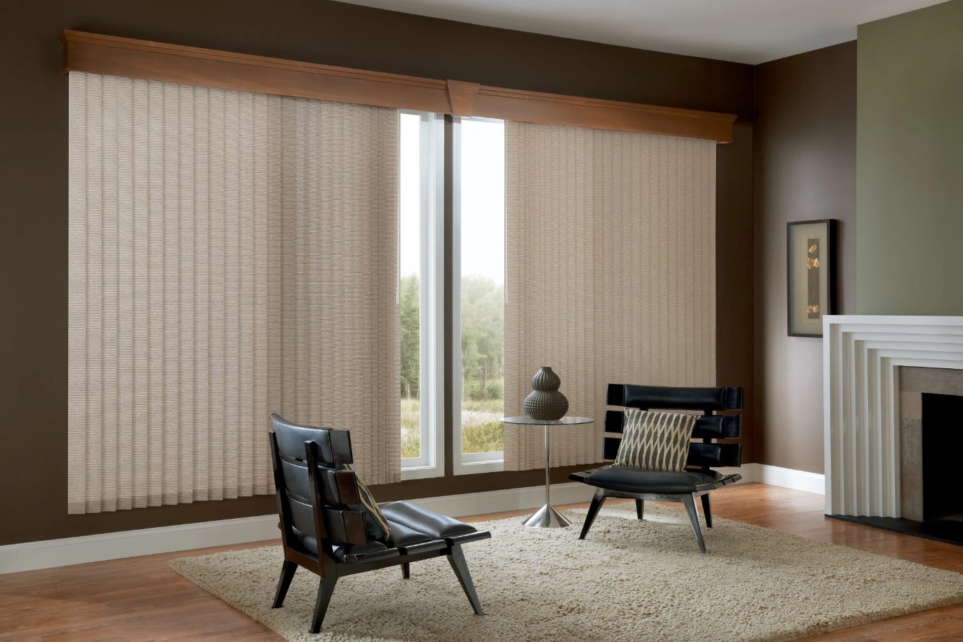 Graber vertical blinds with One Touch control in a living room