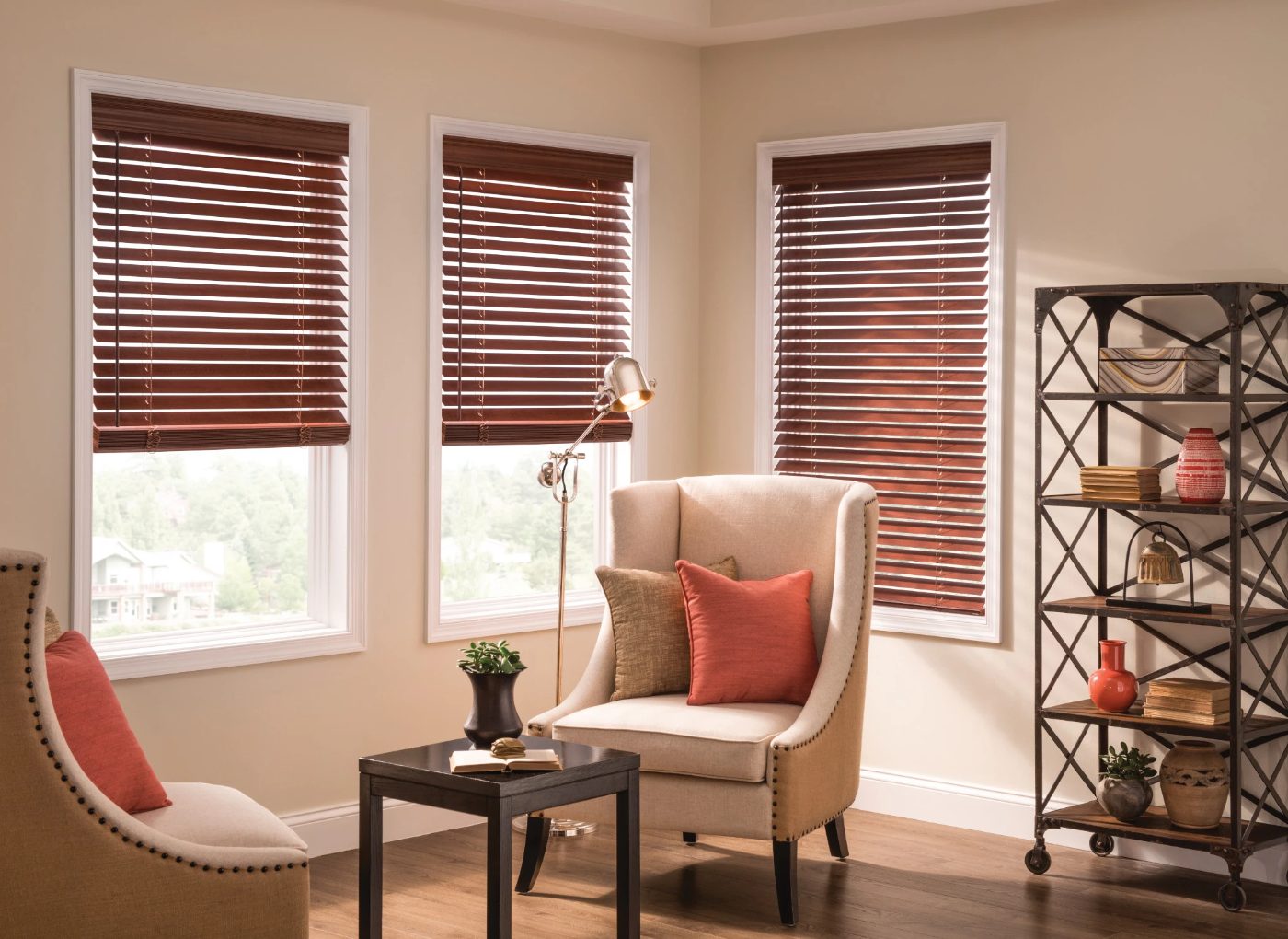 Graber wood blinds with cordless lift in a living room