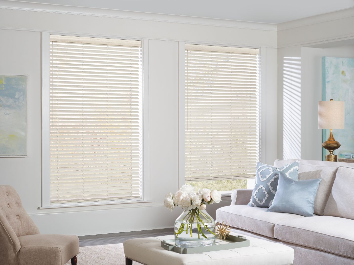 Hunter Douglas EverWood alternative wood blinds in a living room