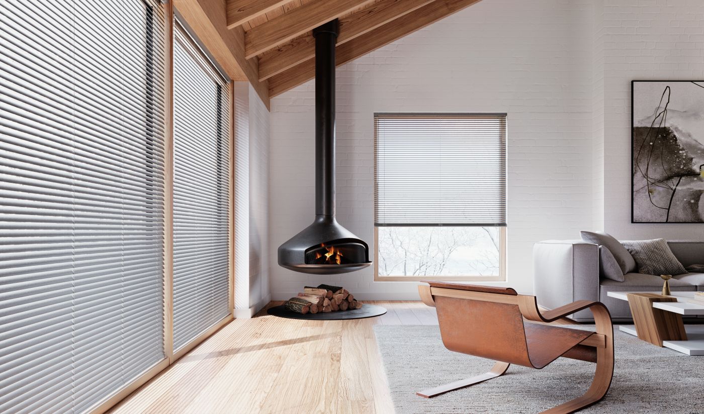 Hunter Douglas Modern Precious Metals aluminum blinds in a living room