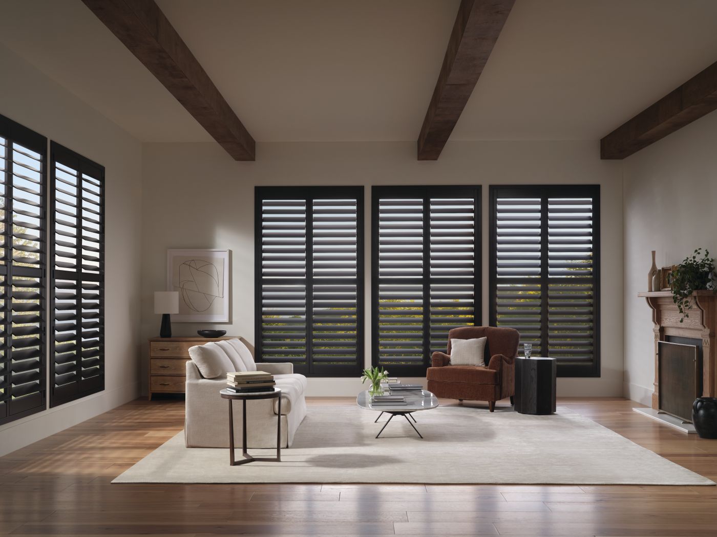 Hunter Douglas NewStyle hybrid shutters in a living room