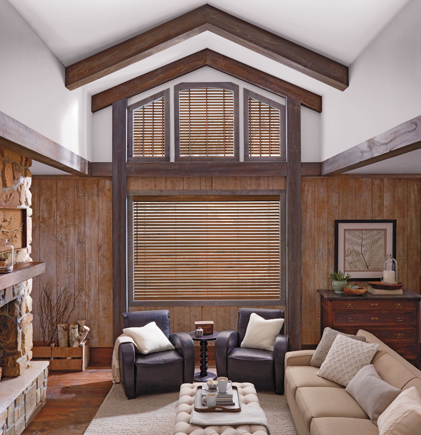 Hunter Douglas Parkland wood blinds in a living room