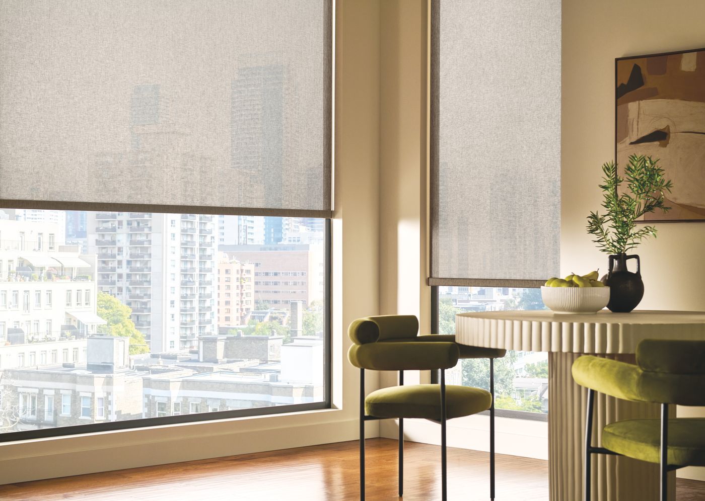 Hunter Douglas Designer Roller Shades in a living room