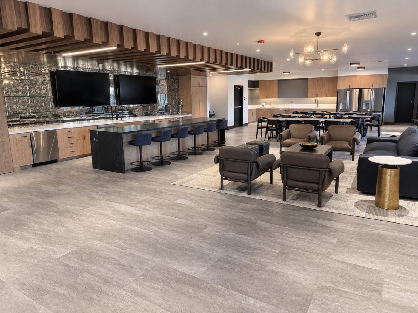 Stone-look luxury vinyl plank in an office break area