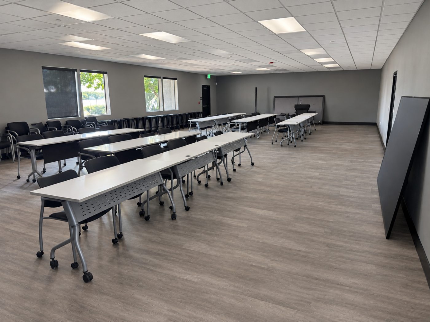 Wood-look luxury vinyl plank in a training room
