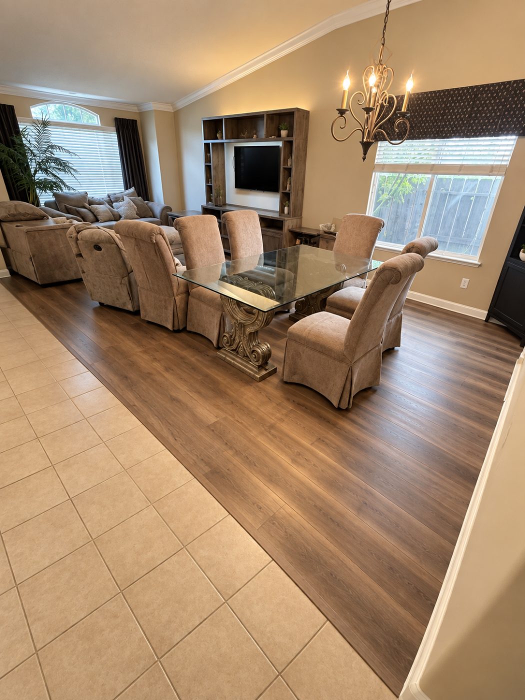 Wood-look luxury vinyl plank in a dining and living room