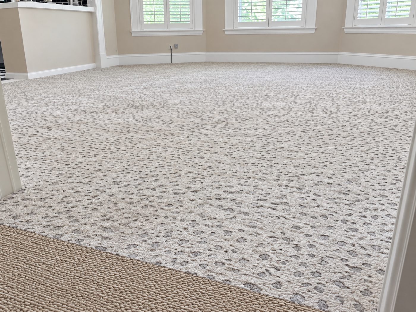 Patterned carpet installed in a bright bedroom