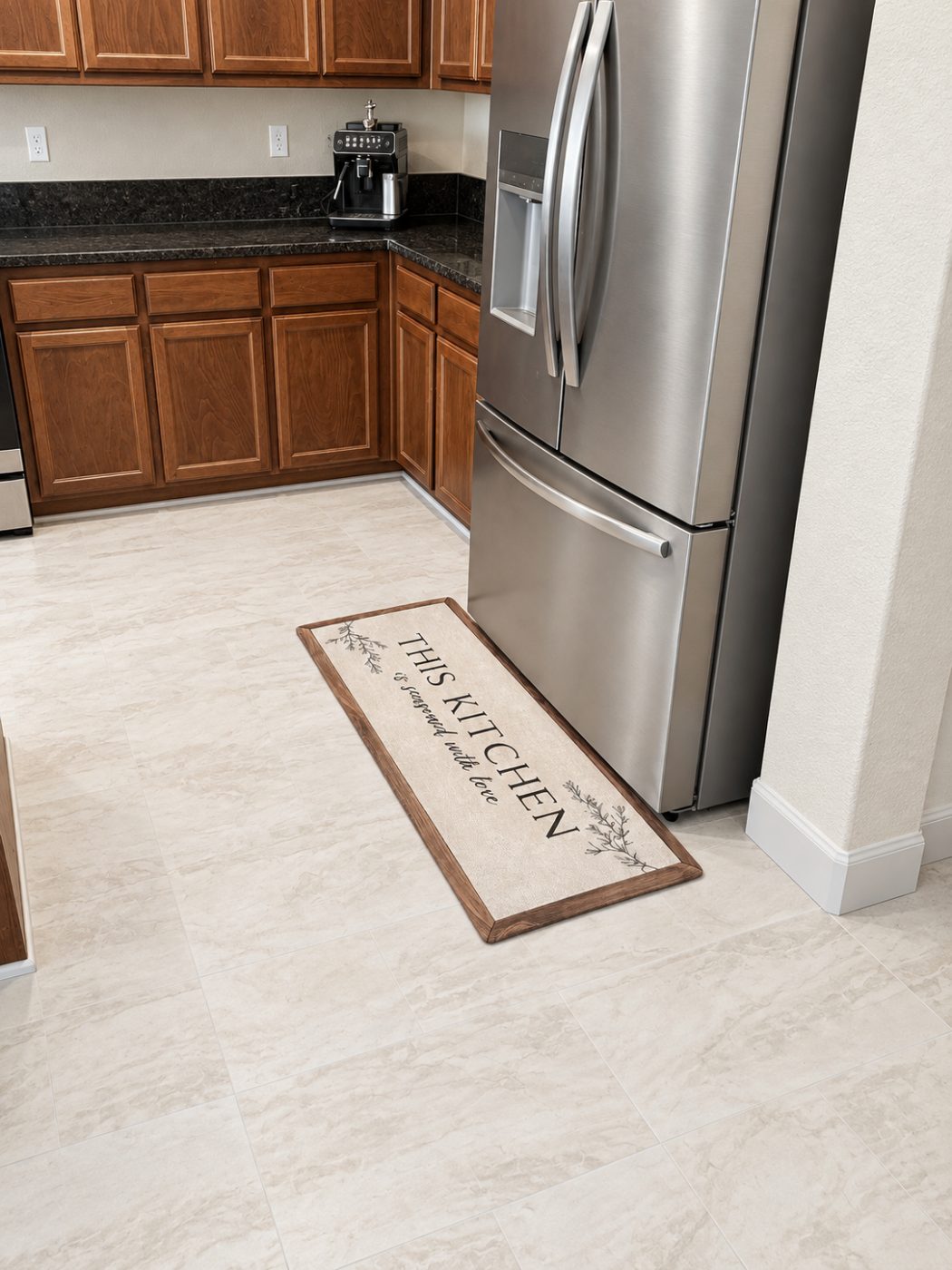 Large-format stone-look luxury vinyl plank in a kitchen