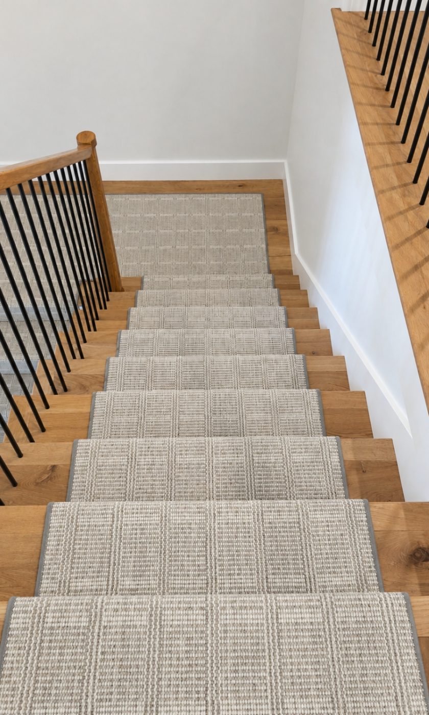 Neutral carpet runner on wood stairs