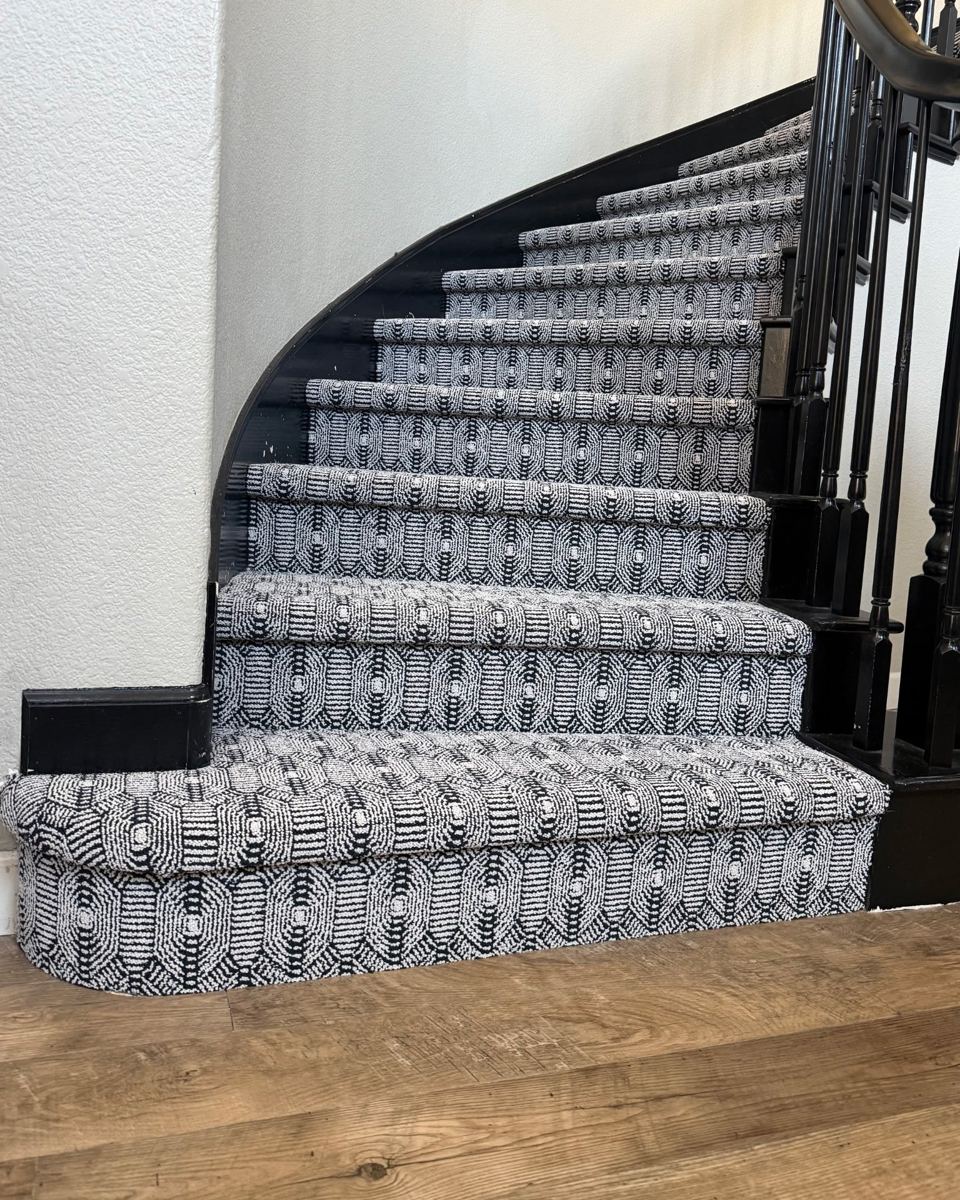 Karastan Whitemere carpet in Midnight Dream on a curved staircase in Modesto, CA